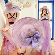 韩版夏季棉麻遮阳帽蝴蝶结大檐女草帽，沙滩防嗮帽可折叠时尚帽