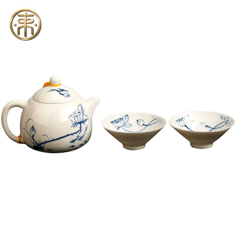 束氏功夫茶具套装藕断丝连-束氏蓝彩手绘斗笠杯一壶两杯套组特价