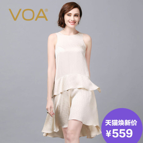 VOA 钻石米白亚光提花真丝圆领挖肩无袖a字短款连衣蛋糕裙A5866商品大图