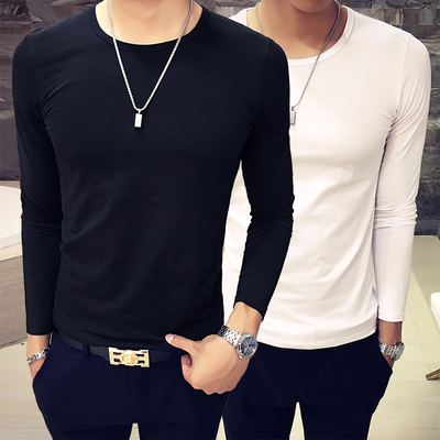 秋冬大码男士长袖t恤男青年加绒运动小衫修身圆V领纯色打底衫男潮 - 一折疯抢