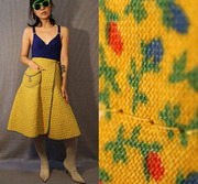 1970s vintage 姜黄色秋季小碎花棉布绗缝一片式老式半身裙秋季