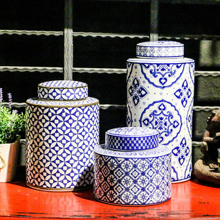新中式青花陶瓷器储物罐美式古典玄关新房，客厅酒柜家居装饰品摆件