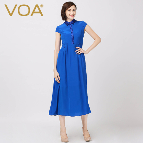 VOA中长款真丝连衣裙女 宝蓝修身OL翻领衬衫式桑蚕丝大摆裙A5698商品大图