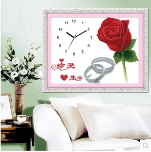 精准印花十字绣珍爱一生红色/蓝玫瑰花客厅卧室挂钟表客厅图