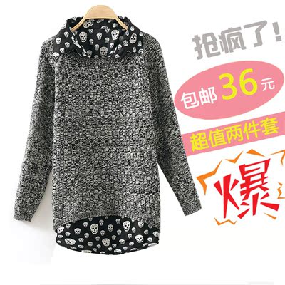 上下架计划:早秋新款套装2014大码女装宽松娃娃领套头针织衫打底毛衣外套两件