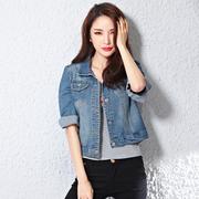 2024韩版修身复古短款单排扣纯色，牛仔外套七分袖中袖上衣女