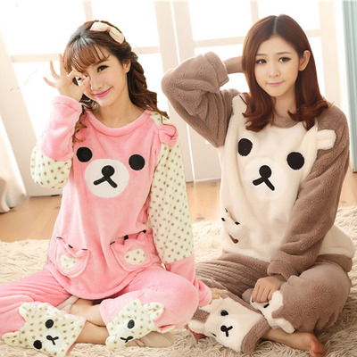 秋冬季韩版加厚珊瑚绒睡衣女士特价长袖可爱法兰绒卡通家居服套装