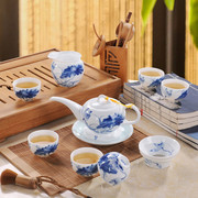 景德镇高白青花瓷陶瓷功夫茶具，手绘釉下荷花，薄胎茶具套装礼盒家用