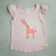 17夏季童上衣 女童全棉长颈鹿图案小飞袖T恤 中小童短袖衫