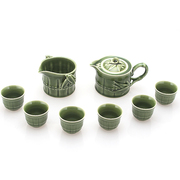 乾唐轩活瓷杯竹节茶具组壶杯茶海套装绿釉釉下彩