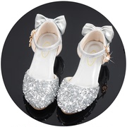 女童高跟鞋舞台演出皮鞋，银色儿童礼服，鞋模特走秀小女孩公主水晶鞋
