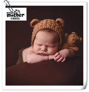 新生儿摄影道具小熊帽子玩偶影楼宝宝满月照卡通帽玩具婴儿月子照