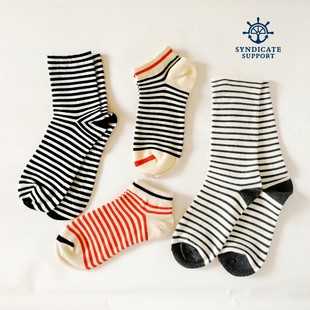 条纹女袜子纯棉海军风堆堆袜经典薄细条纹松口小熊刺绣中筒短船袜