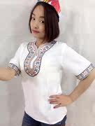 新疆棉舞蹈女装短袖服装，饭店工作服情侣装，圆v领夏季玫红绣花衬衫