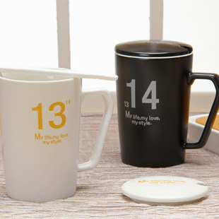 创意杯1314个性简约陶瓷杯，水杯情侣马克杯，对杯咖啡杯带盖勺