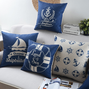美式地中海风格装饰抱枕套棉麻客厅沙发靠垫蓝色车载腰靠长枕含芯
