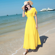 黄色沙滩裙女夏2022雪纺连衣裙，波西米亚海边度假沙滩长裙超仙