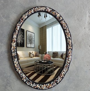 北欧式卫浴镜地中海古铜石子壁挂化妆椭圆形浴室镜子装饰镜玄关镜