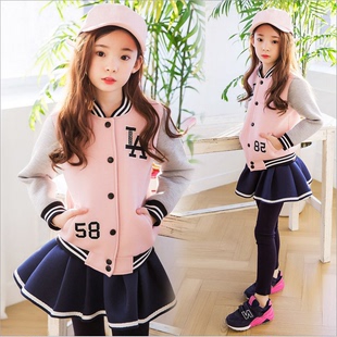 女童秋冬空气棉运动套装韩版中大童棒球服外套裙裤两件套亲子装潮