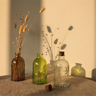 zakka杂货复古雕花透明彩色，玻璃插花瓶漂流瓶，精油瓶带软木塞