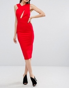 欧版原单高腰修身显瘦高个子大红色中长年会敬酒服礼服铅笔连衣裙