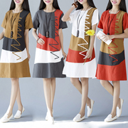 2024夏季韩版民族风女装大码宽松短袖拼接中长款亚棉麻连衣裙
