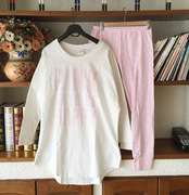 秋季中长款睡衣女，韩版可爱裤卡通家居服套装pink纯棉长袖长裤睡衣