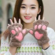 卡通猫爪手套男女冬季韩版可爱女生露指加厚保暖熊掌毛绒半指手套