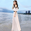 一字肩露肩雪纺裙子女夏吊带(夏吊带，)白色连衣裙，长裙巴厘岛海边度假沙滩裙