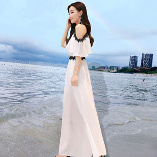 一字肩露肩雪纺裙子女夏吊带(夏吊带，)白色连衣裙长裙巴厘岛海边度假沙滩裙