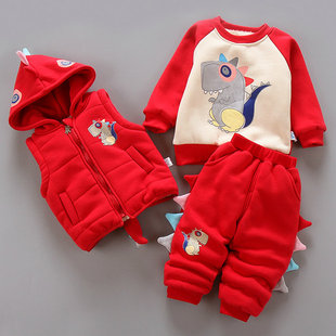 童装男女宝宝秋冬装加绒加厚卫衣套装，1-2-3岁小童冬季棉衣三件套