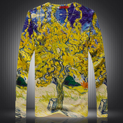 时尚潮流男士v领花式长袖T恤创意个性欧美风油画一棵树图案打底衫