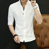 夏季男士薄款衬衫高级感7分袖寸衫中国风复古衬衣，韩版休闲白衬衣(白衬衣)