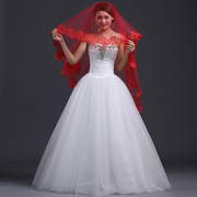 新娘头纱婚纱配饰红色3米5米超长拖尾头纱韩式蕾丝红头纱红盖头女
