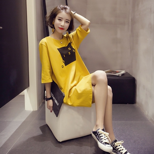 女装夏季2017韩版半袖女宽松中长款短袖七十二变时尚屋连衣裙
