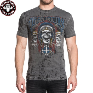 Affliction美国本土潮牌 男款深灰色复古修身做旧骷髅酋长短袖T恤