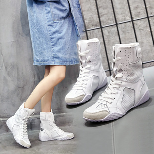 靴子女春秋运动平底短靴系带，真皮透气女靴，欧美白色中筒马丁靴靴鞋