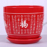 红色中国风陶瓷花盆带托盘，特大号个性创意，桌面多肉植物盆栽