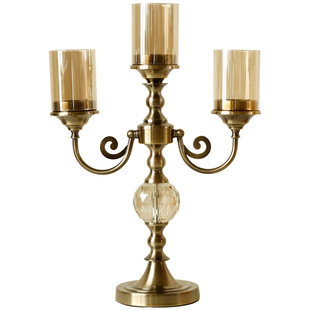 美式古典金属玻璃三头烛台，欧式样板房复古客厅餐桌玄关装饰摆件