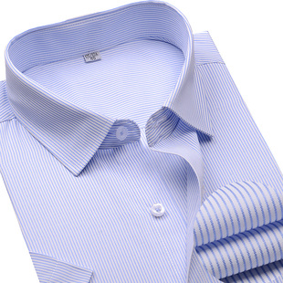 白底蓝条纹男短袖衬衫加肥加大码商务正装，银行工作服衬衣半袖寸衫