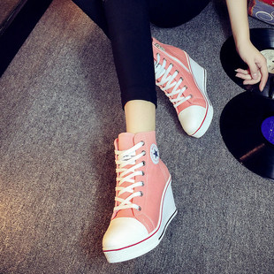韩国ulzzang坡跟帆布鞋8厘米高跟，韩版拉链系带高帮，内增高休闲女鞋