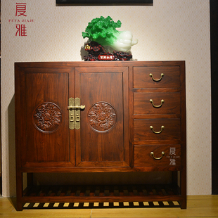 新中式老榆木鞋柜玄关柜定制仿古纯实木雕花，木质花梨木红木色家具