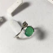 天然玉髓菠菜绿戒指+925银托指环