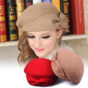 秋冬季羊毛呢空姐帽子女士，复古优雅贝雷帽，韩版蝴蝶结画家帽