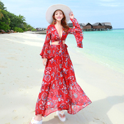 泰国海边度假沙滩裙长袖夏雪纺(夏雪纺)碎花波西米亚长裙海滩裙连衣裙性感