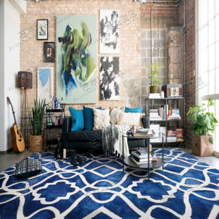 地中海蓝色欧式美式轻奢样板间，地毯客厅茶几卧室床边书房手工地毯