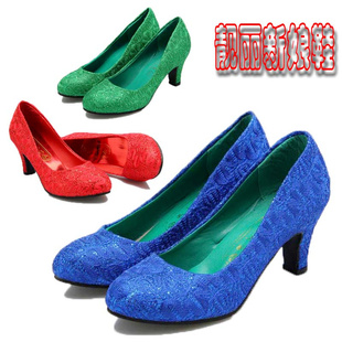 大红色绿色蓝色新娘鞋结婚鞋，上轿上车鞋，5cm中跟女鞋礼服敬酒鞋