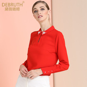 黛薇璐媤红色手工钉珠，长袖衬衫女春装，法式气质显瘦polo领上衣