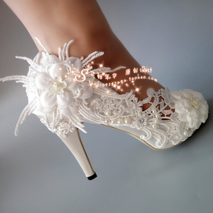 优雅白色花朵蕾丝水钻婚鞋高跟鱼嘴绸缎新娘水晶摄影拍照珍珠女单