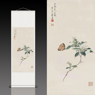 梨花蝴蝶丝绸画卷轴画客厅挂画新中式玄关装饰画国画花鸟画